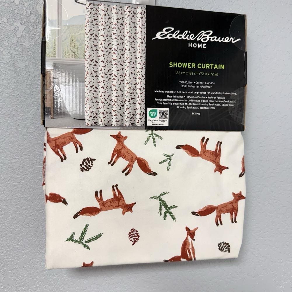New Eddie Bauer Fabric Shower Curtain Fox Trail 72"x72" Cotton Blend Cabin Foxes